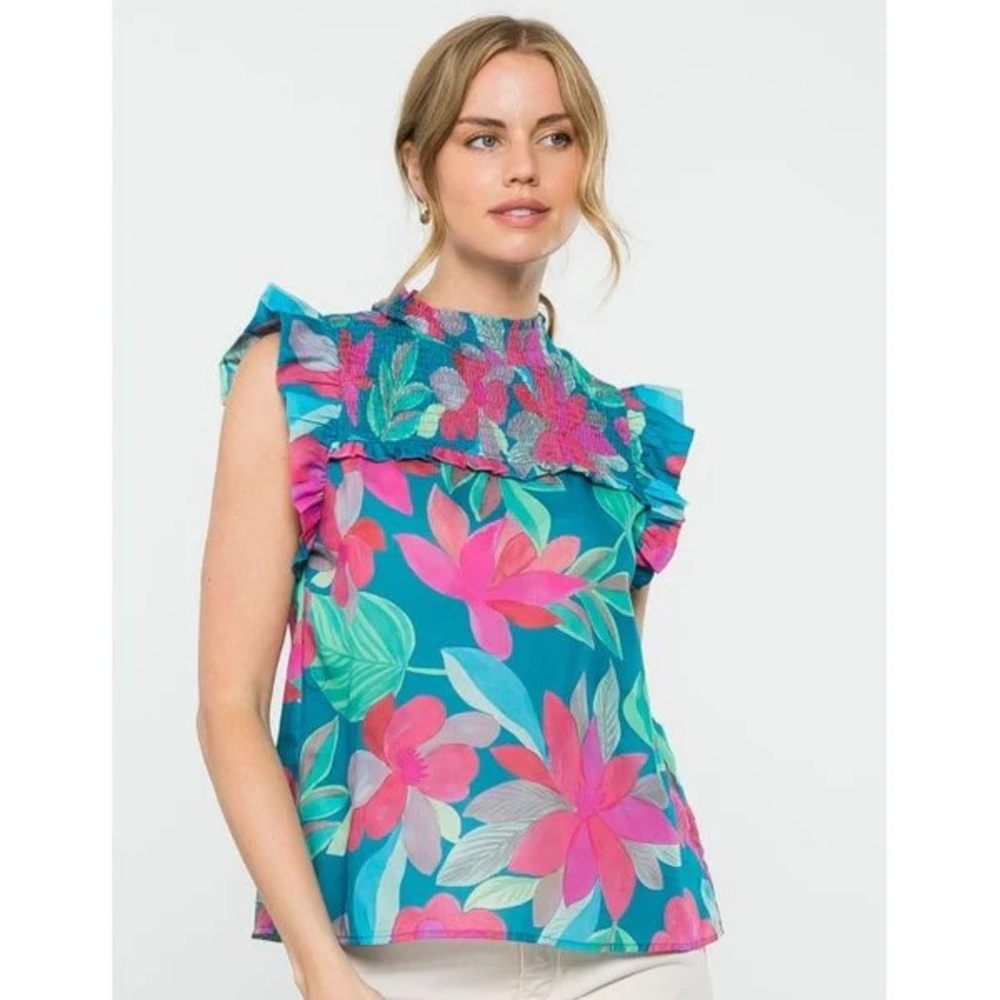 THML Ellie Floral Sleeveless Top - Teal, Blue and Pink